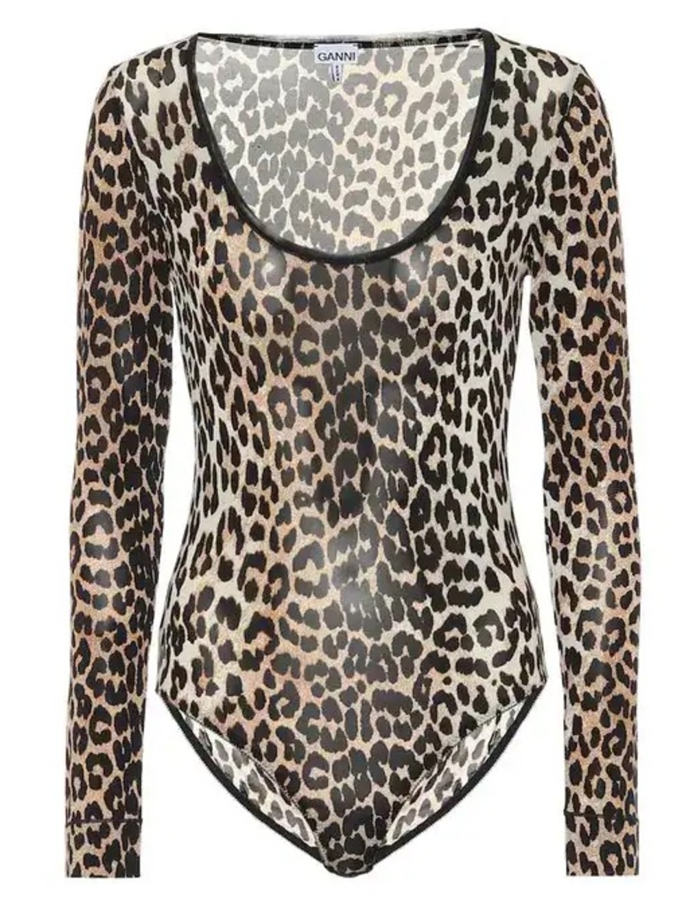 Ganni Sheer Leopard Print Long Sleeve Scoop Neck Bodysuit - Brown/Black NWOT